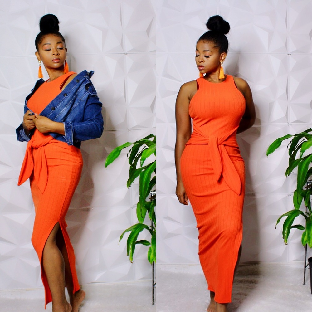 Orange tie waist dress